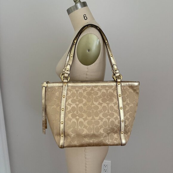 COACH Signature C Gold Studded Lurex Tote Shoulder Bag - Picture 1 of 10